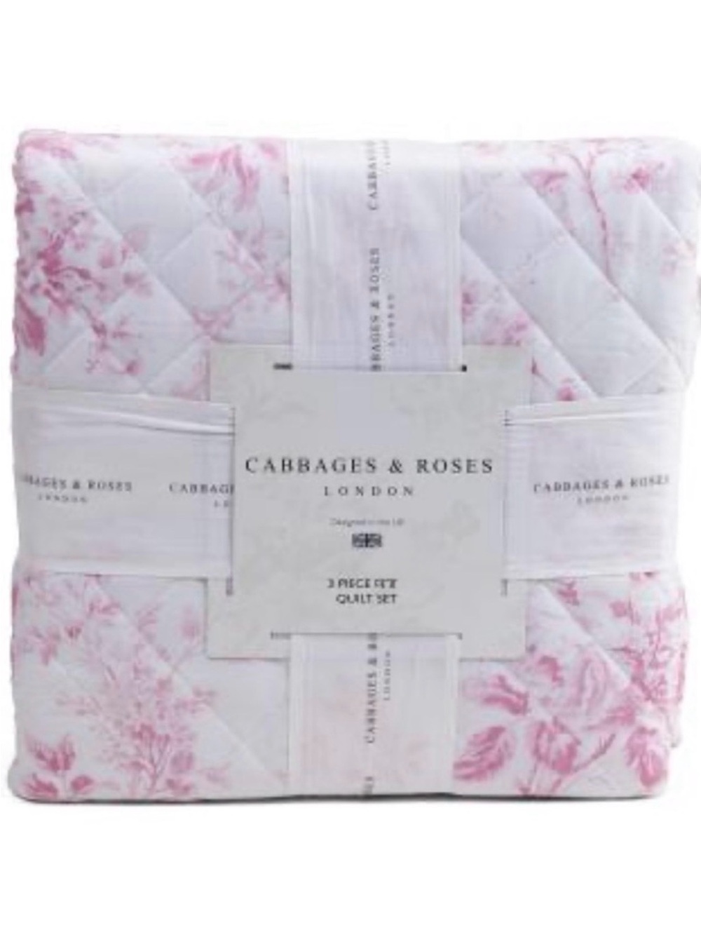 Cabbages & Roses QueenQuilt Set Pink White Floral Quilted 3 Piece ~ Raspberry